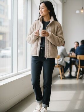 GAP Womens Sherpa Jacket | Medium | Bubble Hem Option | Full Zip | Teddy Coat